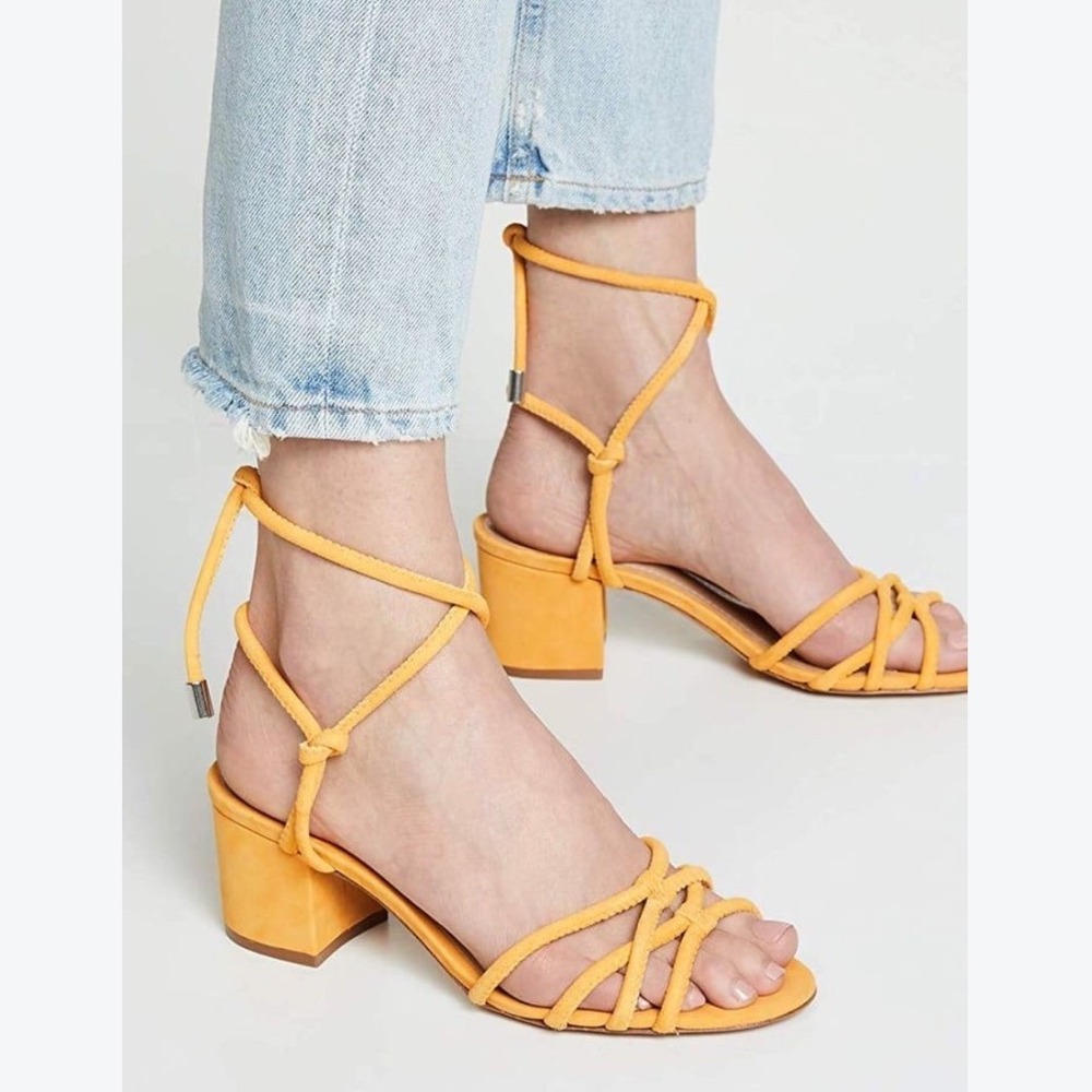 Schutz Marcella Sandals Women 8.5 Yellow Suede Lace Up Block Heel Canary Gold